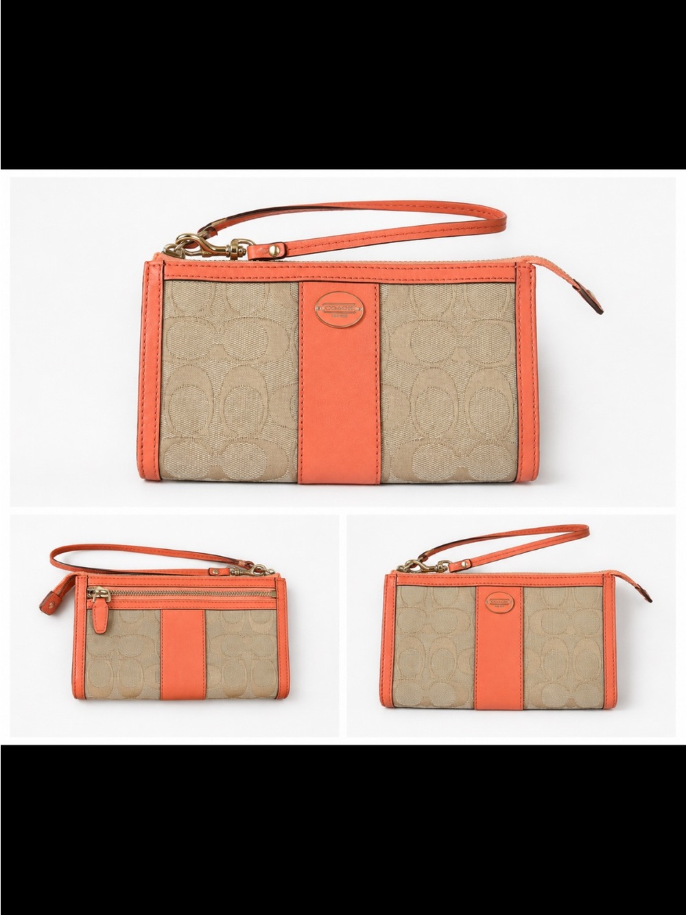 Coach Beige Signature Canvas Wristlet with Coral Trim